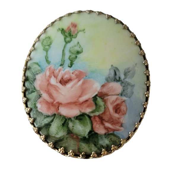 Painted Porcelain Rose Gold Tone Filigree Prong Oval Brooch E497 - Picture 1 of 7